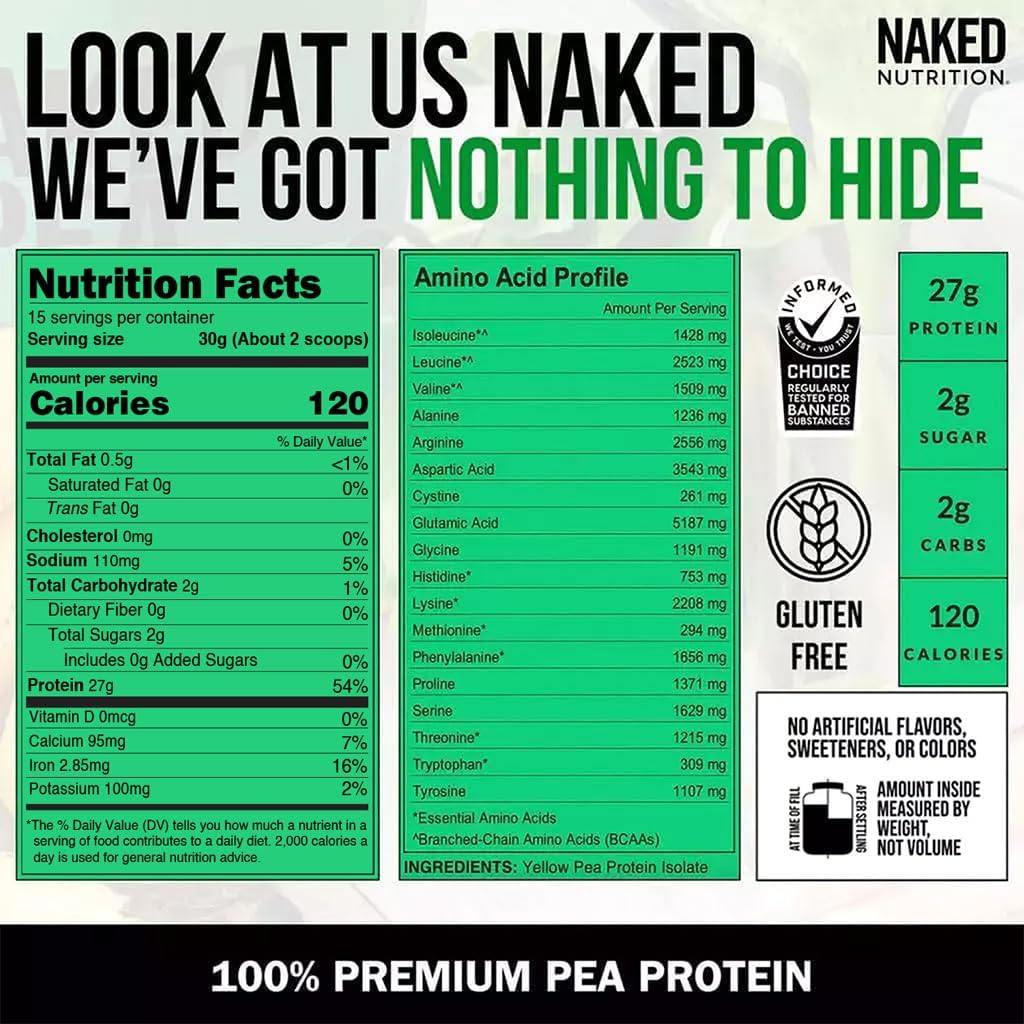 Naked Pea Protein Isolate - Plant-Based, Vegan & Vegetarian Protein Powder - Non-GMO, Gluten-Free, Easy to Digest - 15 Servings