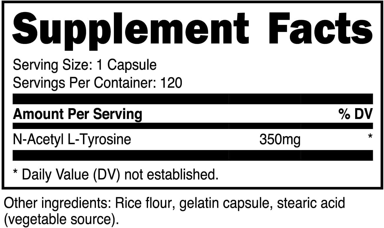 NALT Capsules - 120 Servings of Primal N-Acetyl L-Tyrosine (350mg) - Gluten Free & Non-GMO Amino Acid Supplement