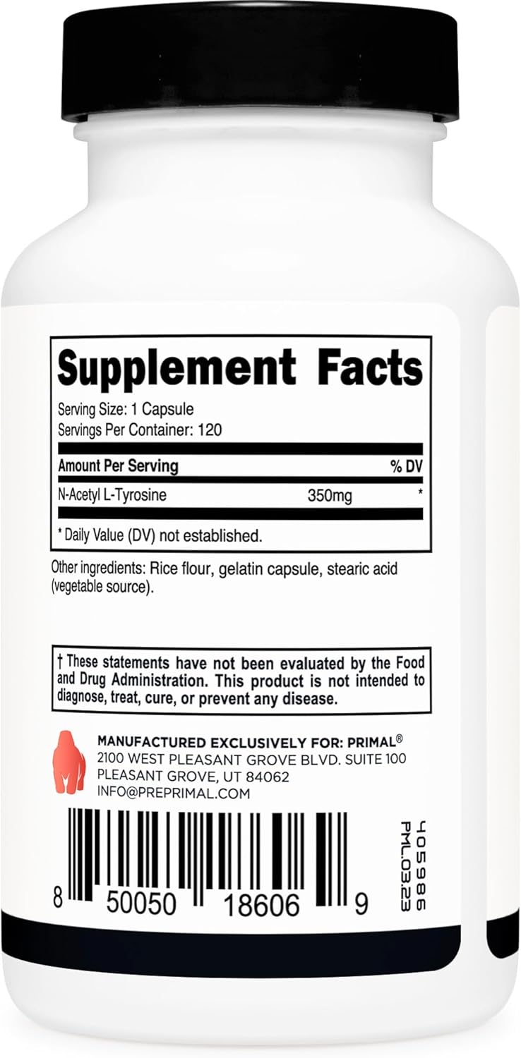 NALT Capsules - 120 Servings of Primal N-Acetyl L-Tyrosine (350mg) - Gluten Free & Non-GMO Amino Acid Supplement