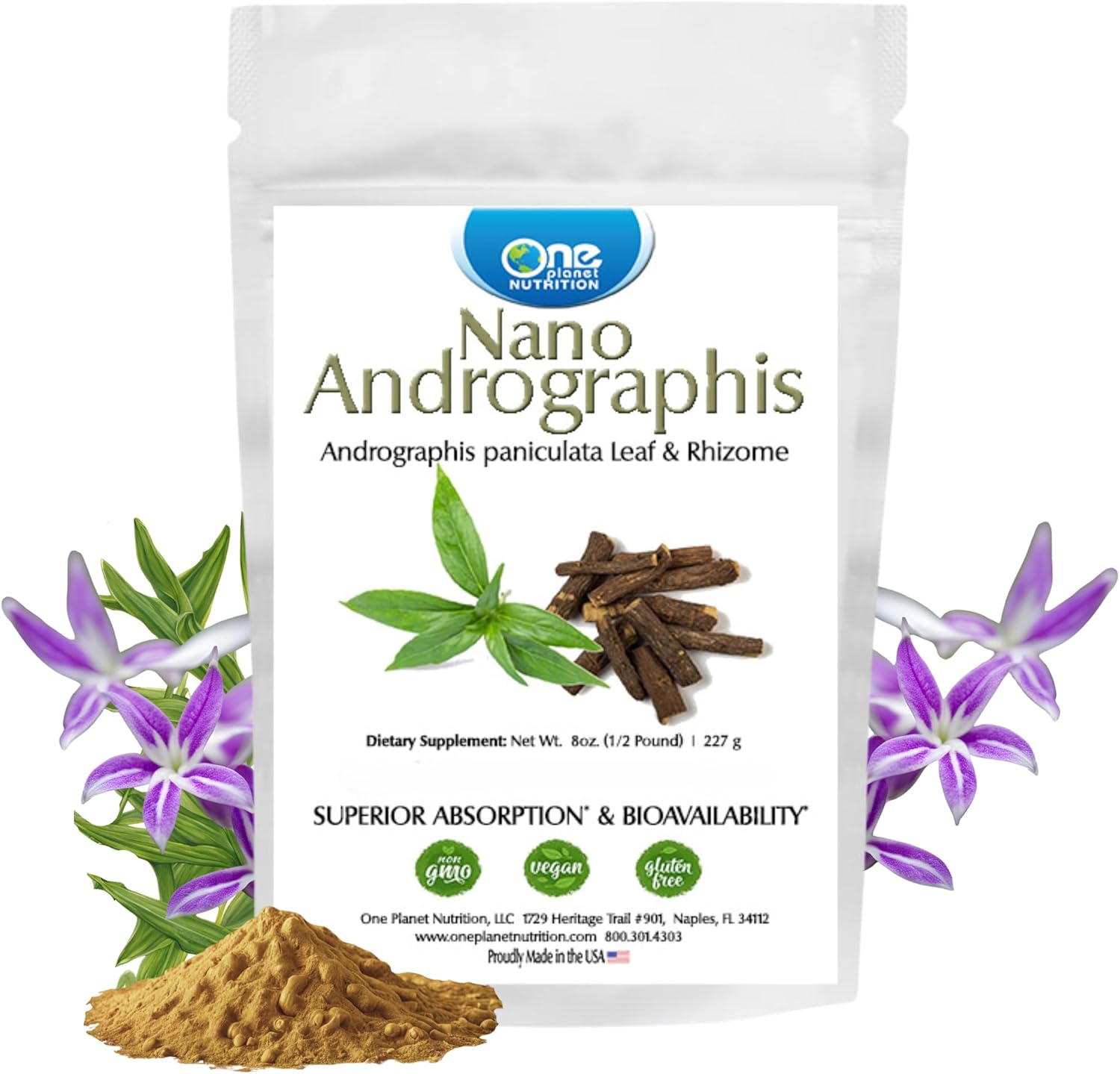 Nano Andrographis Powder 8 oz - 227 Servings, Enhanced Absorption, Supports Wellness, Non-GMO, Vegan, Gluten-Free - One Planet Nutrition