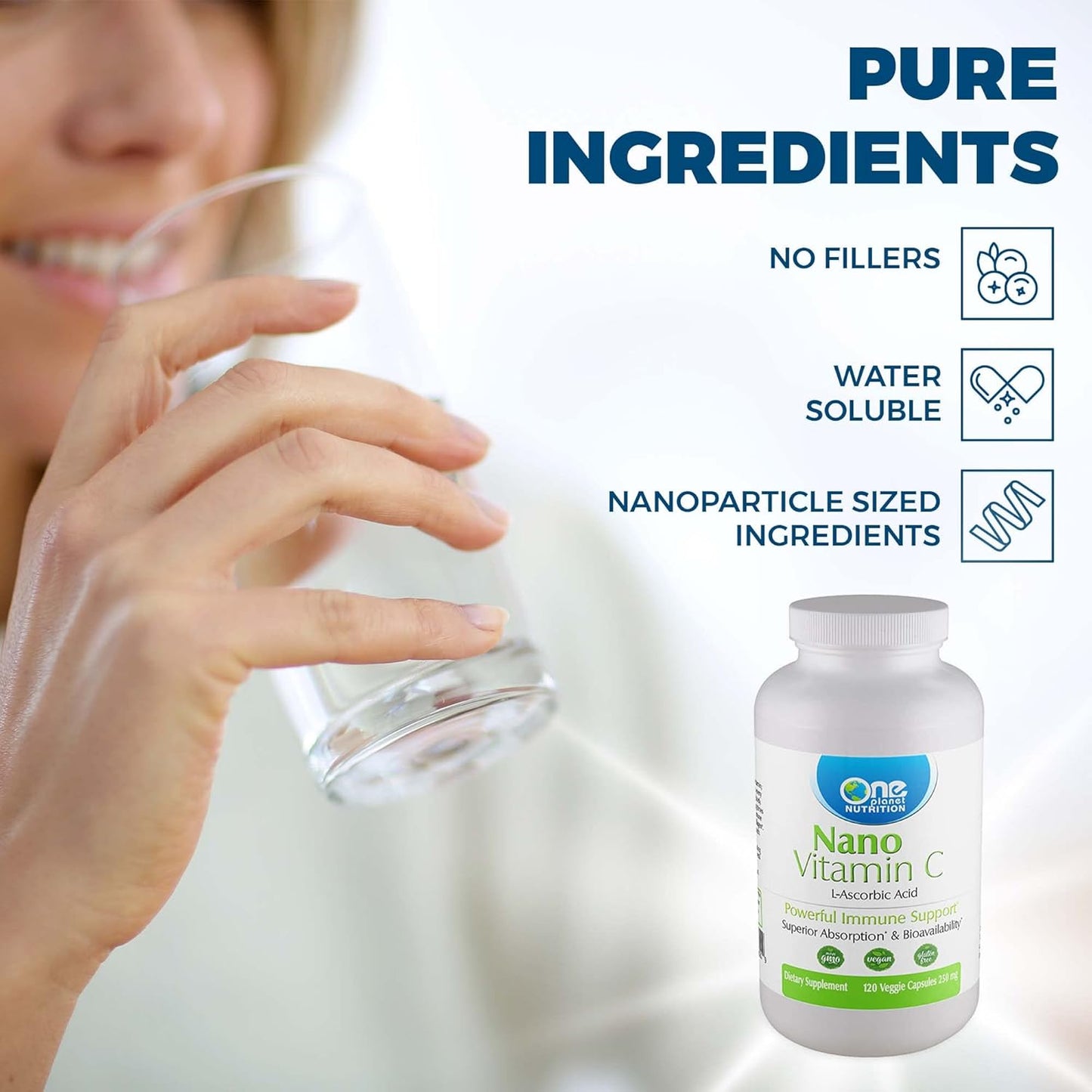 Nano Vitamin C 250 mg Veggie Capsules - Lime Extract, 120 Servings, Immune Health & Collagen Support