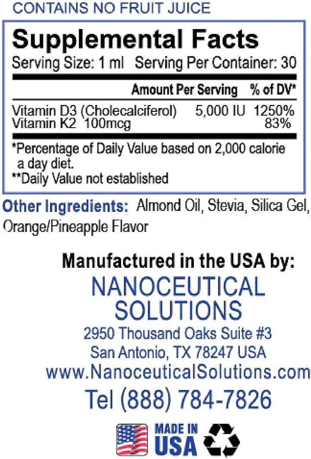 Nanoceutical Vitamin D3+K2 Liquid Supplement - 5000 IU Potent Formula for Bone, Joint, Heart & Immune Health - Rapid Absorption - 1Fl Oz