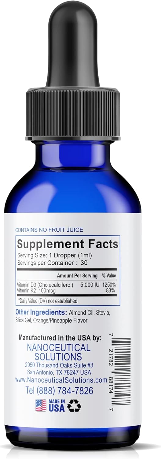 Nanoceutical Vitamin D3+K2 Liquid Supplement - 5000 IU Potent Formula for Bone, Joint, Heart & Immune Health - Rapid Absorption - 1Fl Oz