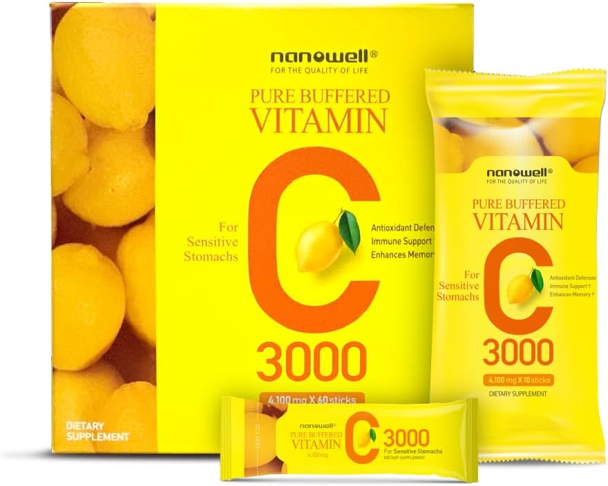 NANOWELL Buffered Vitamin C 3000mg Immune Support Supplement - 180 Sticks (6 Months Supply)