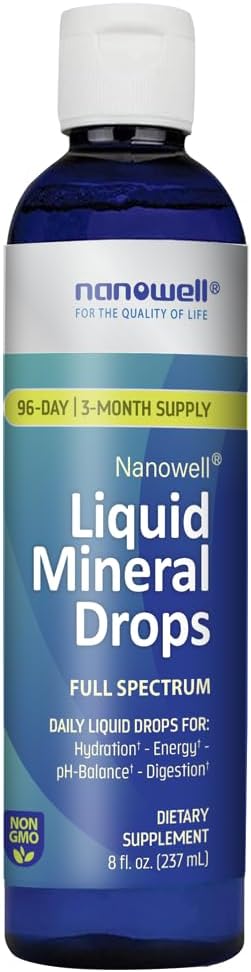 NANOWELL Liquid Trace Mineral Supplement with Full Spectrum Minerals | Ionic Magnesium, Chloride, Potassium | Low Sodium | Energy, Electrolytes, Hydration | 96 Day Supply - 8 fl oz