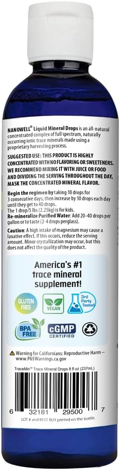 NANOWELL Liquid Trace Mineral Supplement with Full Spectrum Minerals | Ionic Magnesium, Chloride, Potassium | Low Sodium | Energy, Electrolytes, Hydration | 96 Day Supply - 8 fl oz