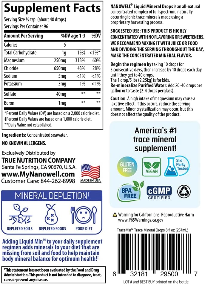 NANOWELL Liquid Trace Mineral Supplement with Full Spectrum Minerals | Ionic Magnesium, Chloride, Potassium | Low Sodium | Energy, Electrolytes, Hydration | 96 Day Supply - 8 fl oz