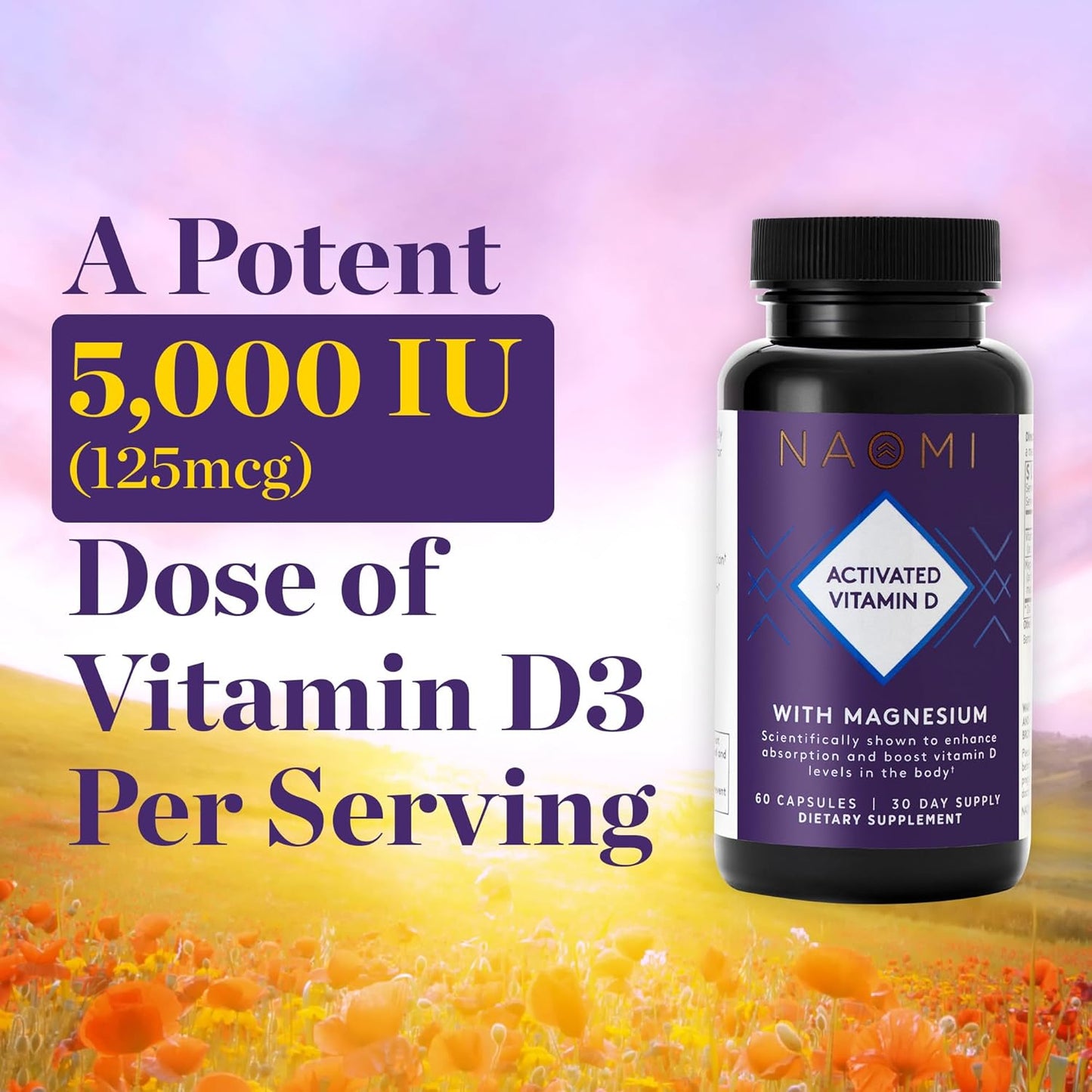NAOMI Vitamin D3 5000 IU Supplement with Magnesium for Bone, Muscle, Immune & Mood Support - 60 Veggie Caps