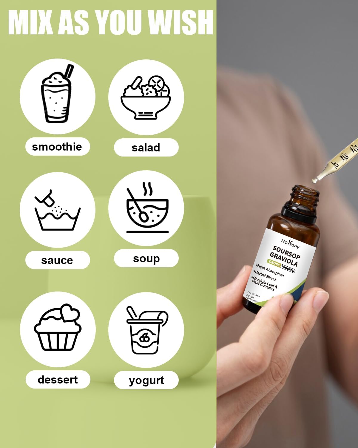 NaSeny Soursop Graviola Liquid Drops - High Absorption Herbal Extract with Vitamin for Immune Support, Relaxation, Liver Health & Antioxidant Boost - 2 FL OZ