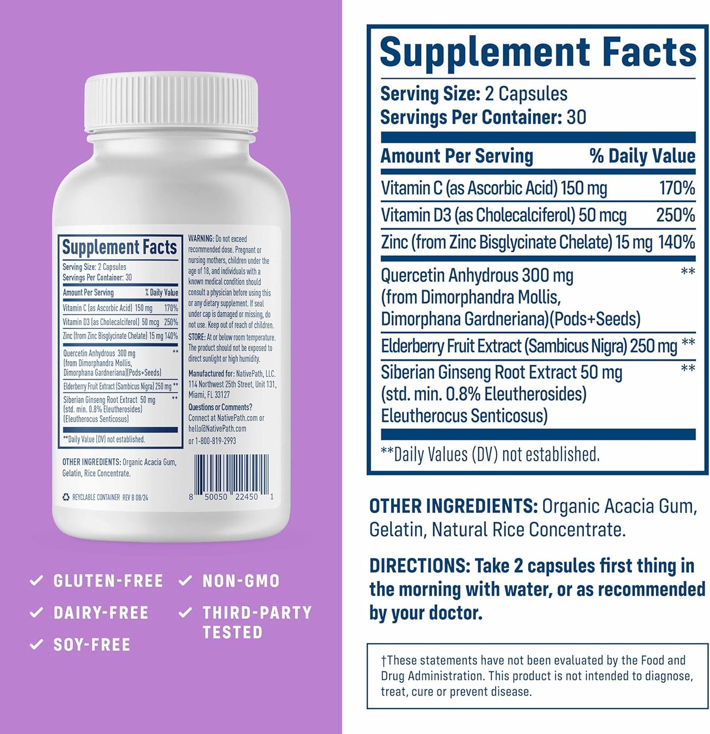 NativePath: Immune Boosting Elderberry Collagen Supplement - Natural Defense with Vitamin C, D, Zinc, Quercetin, Siberian Ginseng - 30-Day Antioxidant Supply