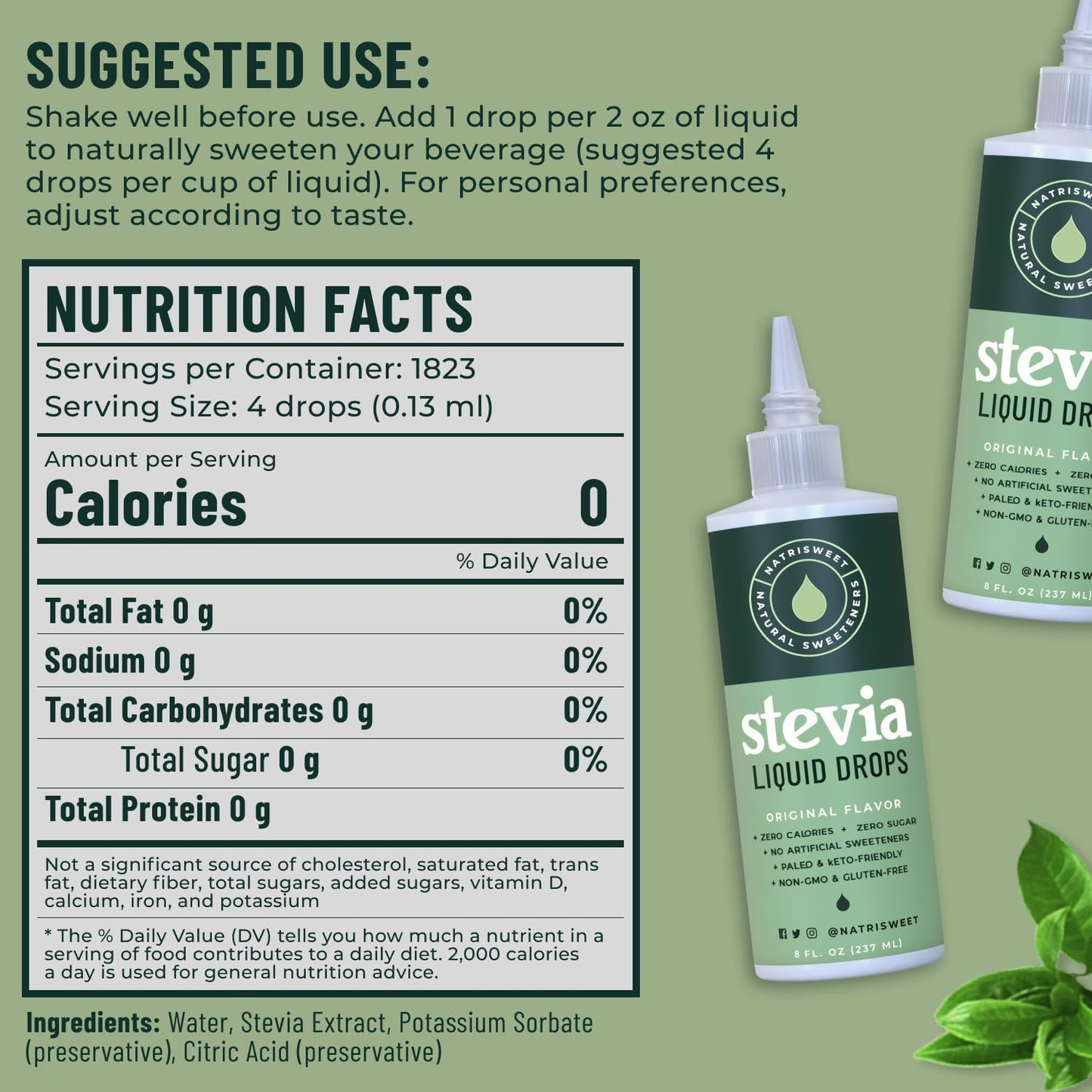 Natrisweet Stevia Liquid Drops - 8 fl oz Bottle, 1823 Servings, Pure Concentrated Zero Calorie & Carb-Free Sweetener for Keto & Paleo Diets