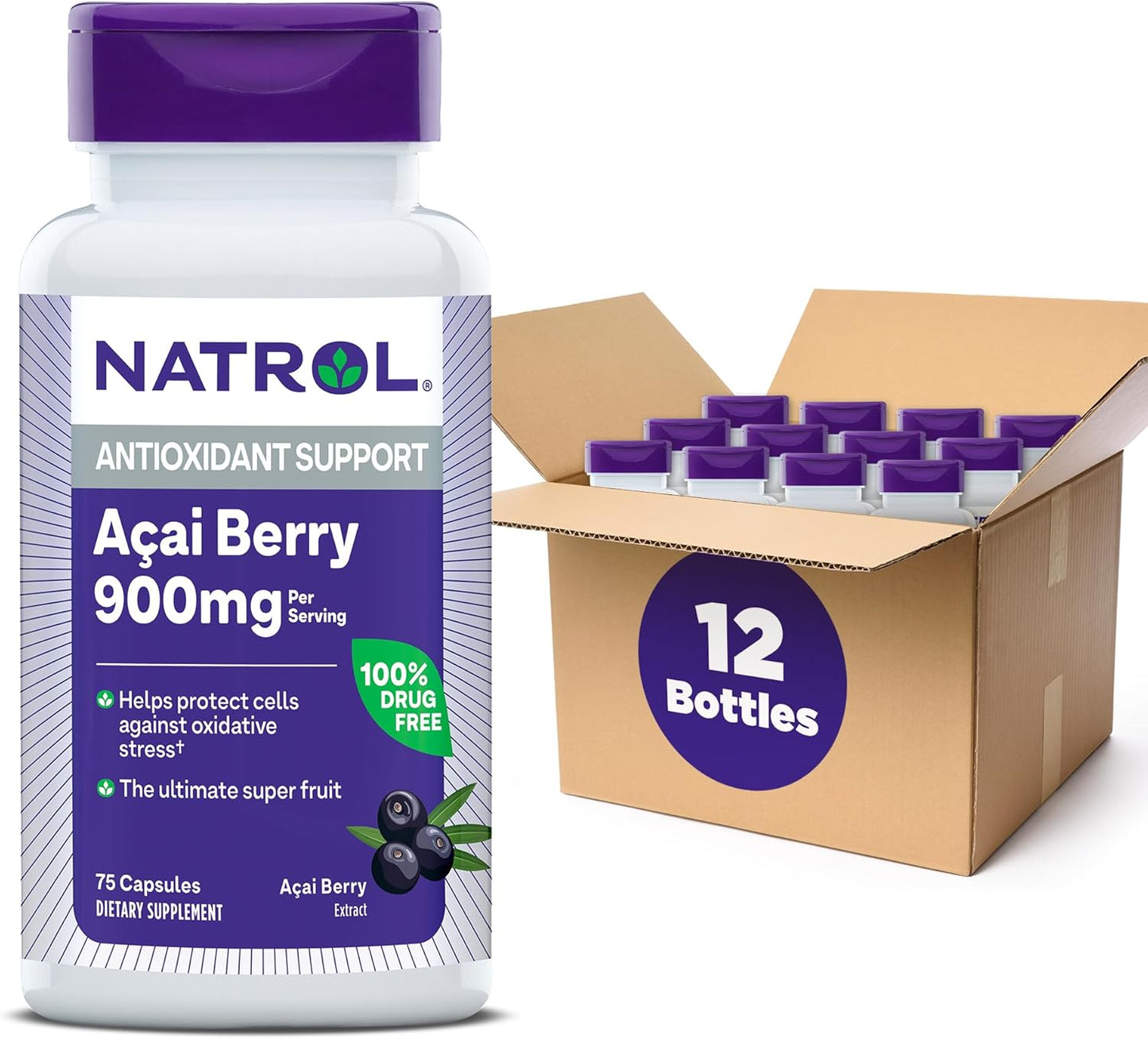 Natrol Acai Berry 900mg Veggie Capsules, 75 Count - Antioxidant Defense Supplement, Ultimate Super Fruit - Pack of 12