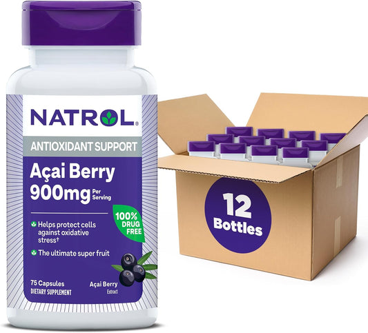 Natrol Acai Berry 900mg Veggie Capsules, 75 Count - Antioxidant Defense Supplement, Ultimate Super Fruit - Pack of 12