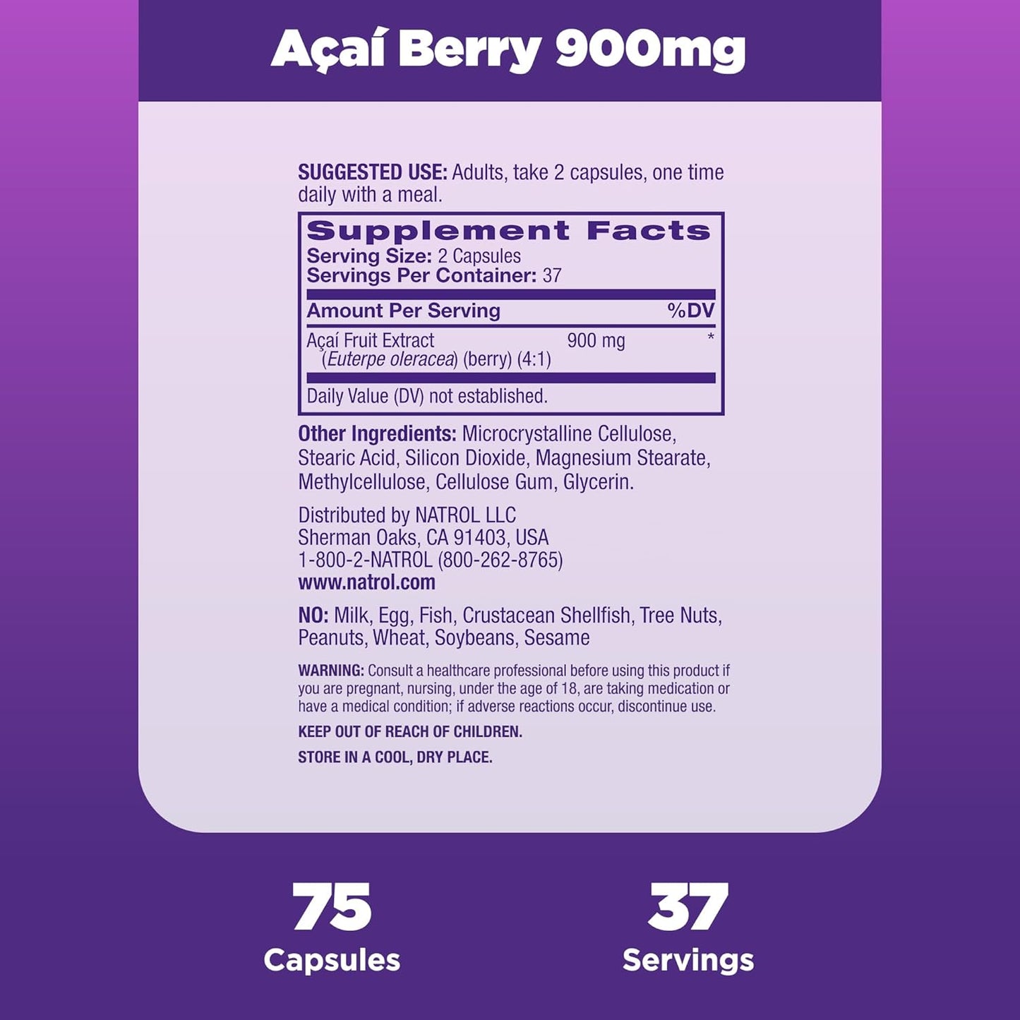 Natrol Acai Berry 900mg Veggie Capsules, 75 Count - Antioxidant Defense Supplement, Ultimate Super Fruit - Pack of 12