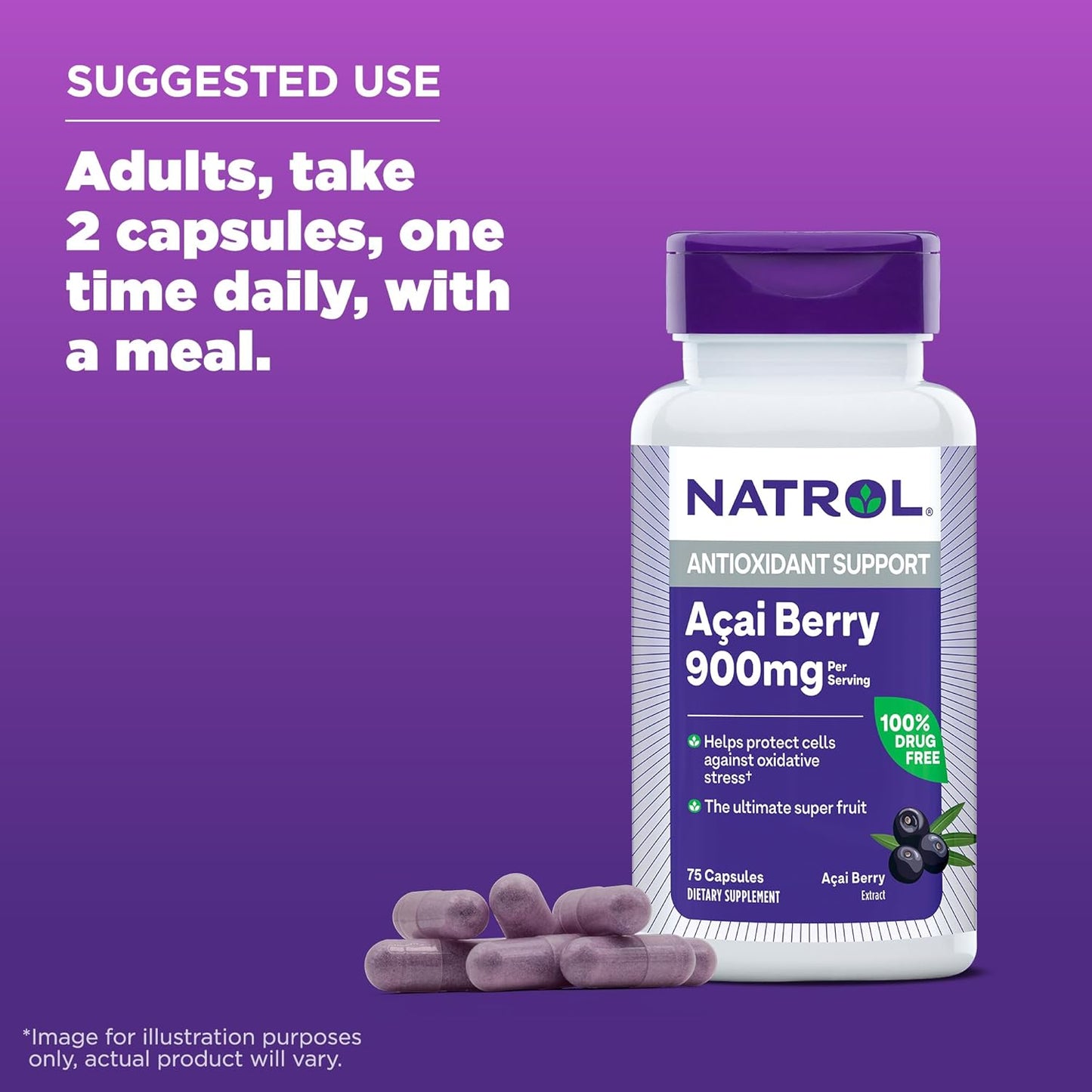 Natrol Acai Berry 900mg Veggie Capsules, 75 Count - Antioxidant Defense Supplement, Ultimate Super Fruit - Pack of 12