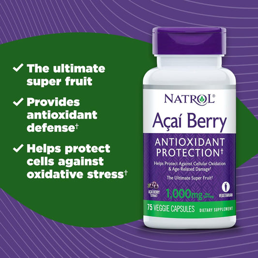 Natrol Acai Berry Dietary Supplement - Antioxidant Protection, Ultimate Super Fruit, 1,000mg Veggie Capsules - 75 Count x 24 Pack
