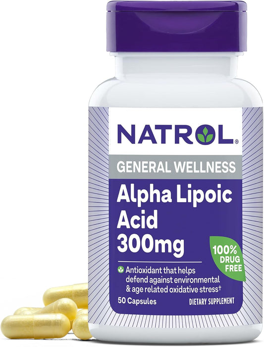 Natrol Alpha Lipoic Acid 300 mg Capsules - Dietary Supplement for General Wellness, 50 Day Supply