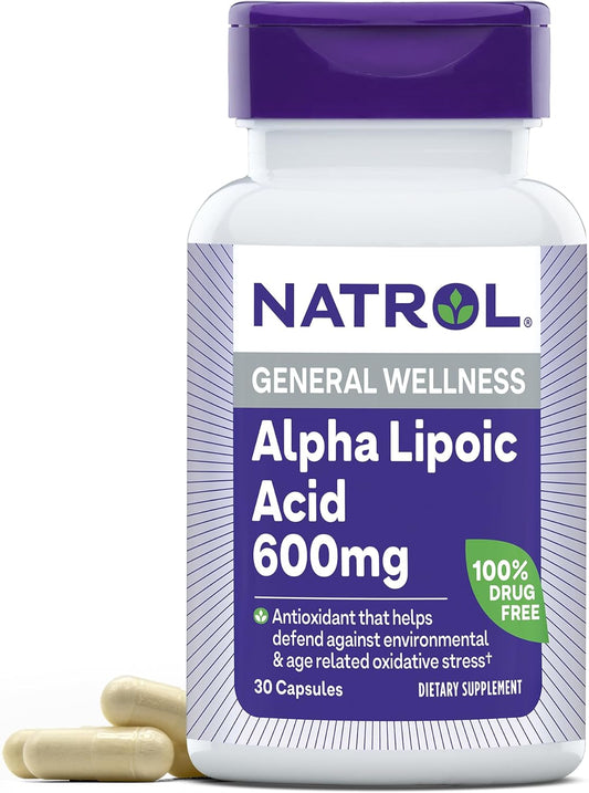 Natrol Alpha Lipoic Acid 600 mg Capsules - Dietary Supplement for General Wellness, 30 Day Supply