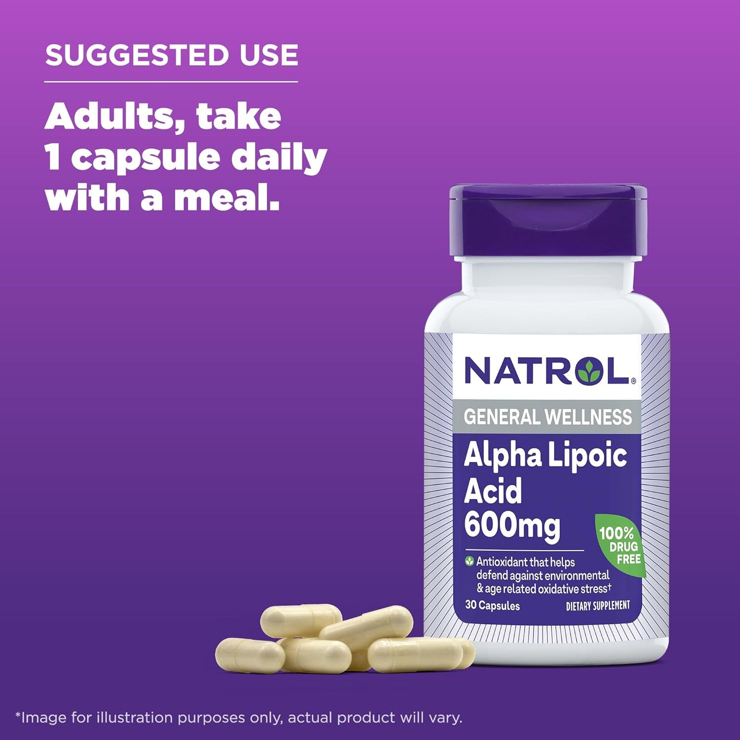 Natrol Alpha Lipoic Acid 600 mg Capsules - Dietary Supplement for General Wellness, 30 Day Supply