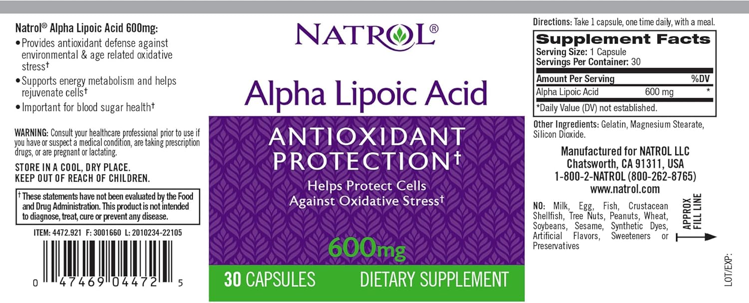 Natrol Alpha Lipoic Acid 600mg Capsules - Antioxidant Protection - 30ct x 5 Pack