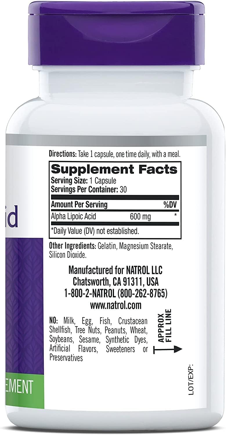 Natrol Alpha Lipoic Acid Capsules - 600 Mg, 30 Count - Antioxidant Supplement for Energy Production & Overall Health