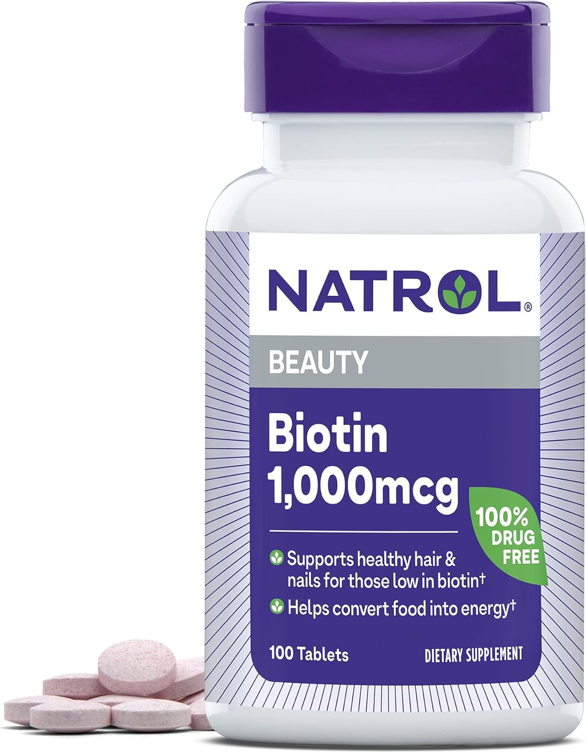 Natrol Beauty Biotin 1000mcg Tablets - 100 Day Supply for Hair, Skin, Nails & Energy - Pack of 12