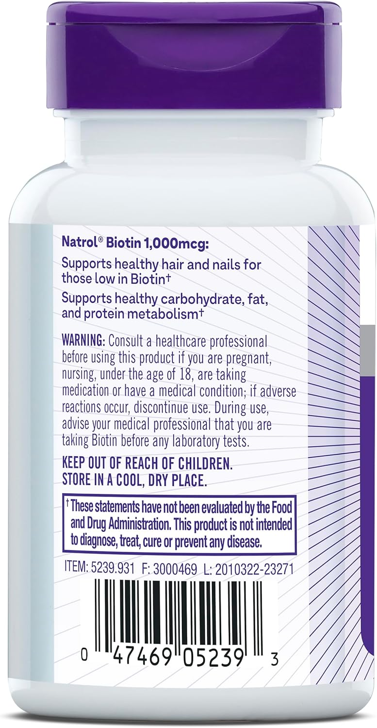 Natrol Beauty Biotin 1000mcg Tablets - 100 Day Supply for Hair, Skin, Nails & Energy - Pack of 12