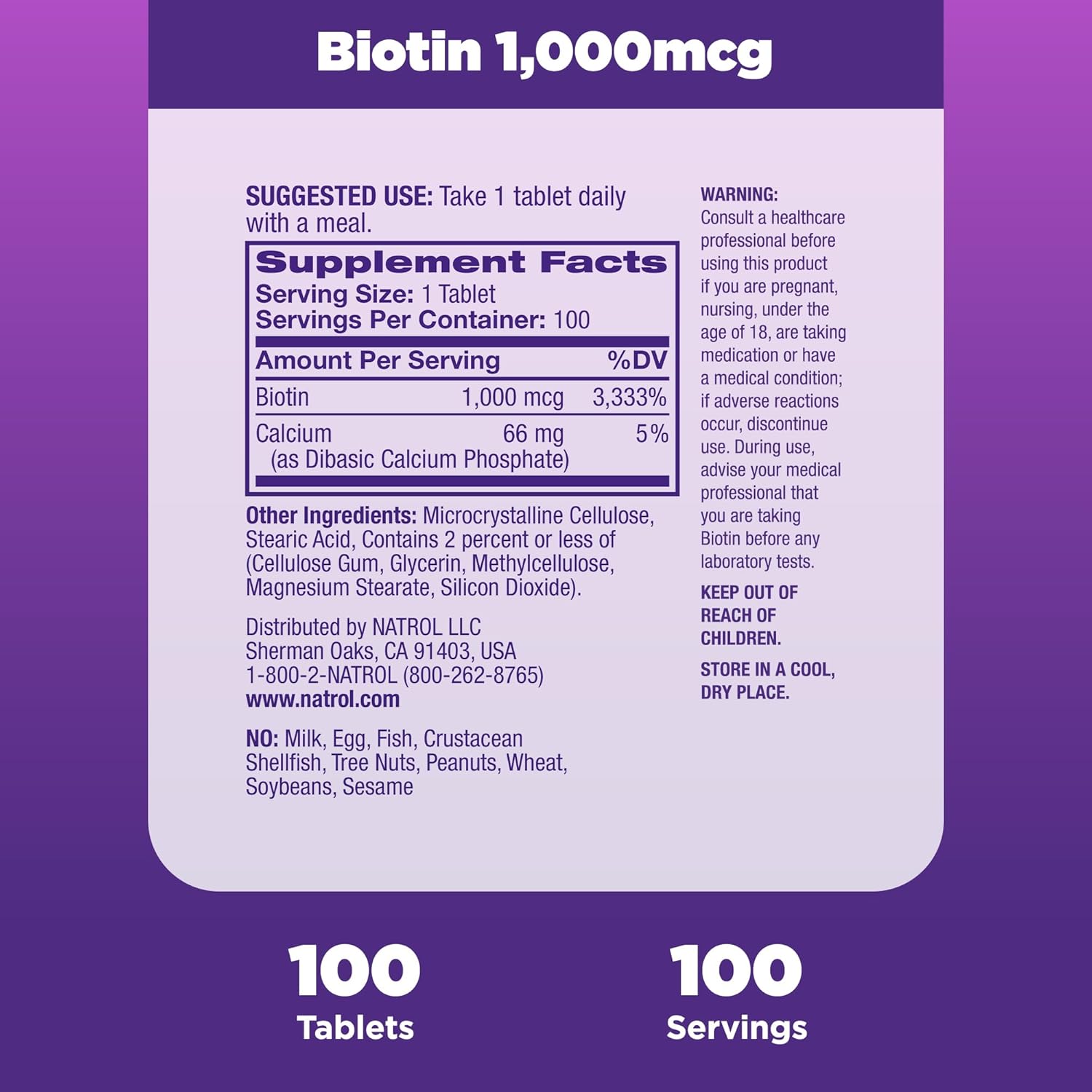 Natrol Beauty Biotin 1000mcg Tablets - 100 Day Supply for Hair, Skin, Nails & Energy - Pack of 12
