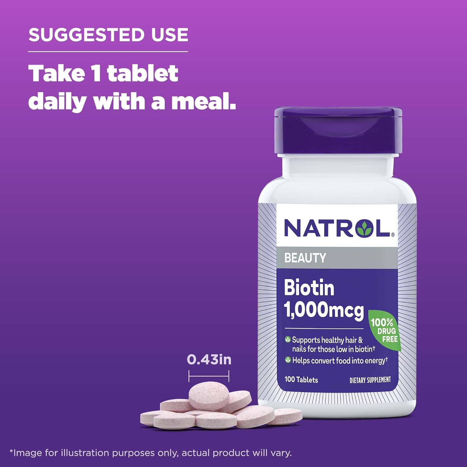 Natrol Beauty Biotin 1000mcg Tablets - 100 Day Supply for Hair, Skin, Nails & Energy - Pack of 12