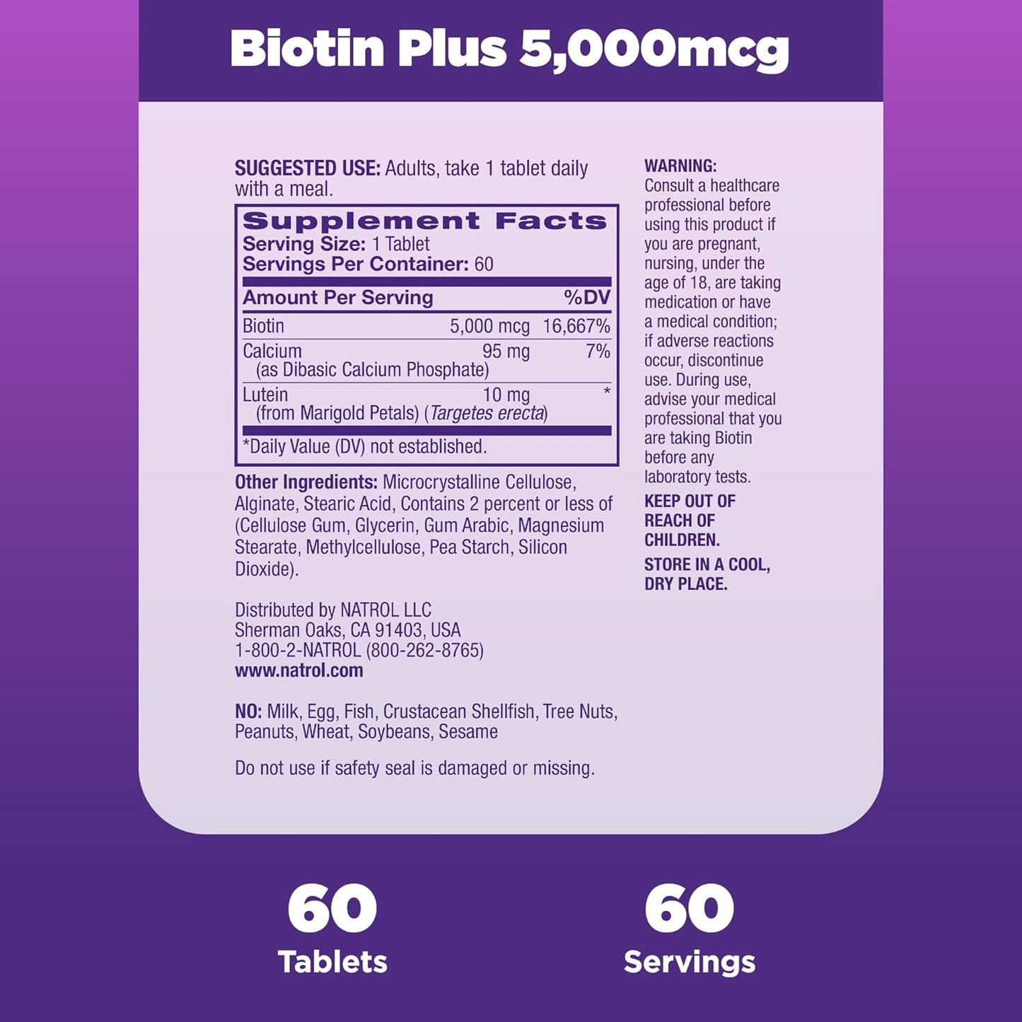 Natrol Beauty Biotin Plus Lutein 5,000 mcg Tablets - Support Healthy Hair, Skin, Nails - 60 Day Supply for Adults
