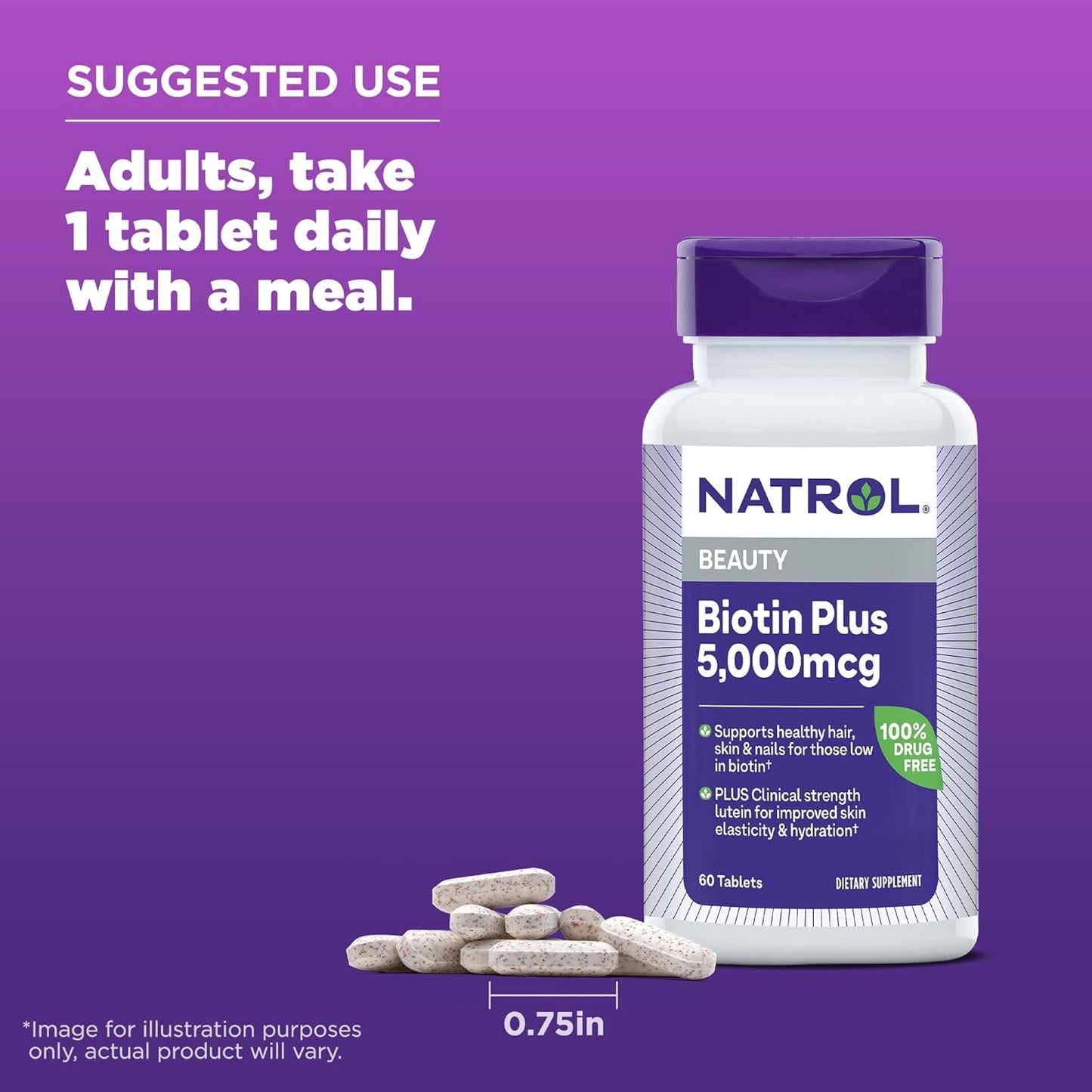 Natrol Beauty Biotin Plus Lutein 5,000 mcg Tablets - Support Healthy Hair, Skin, Nails - 60 Day Supply for Adults