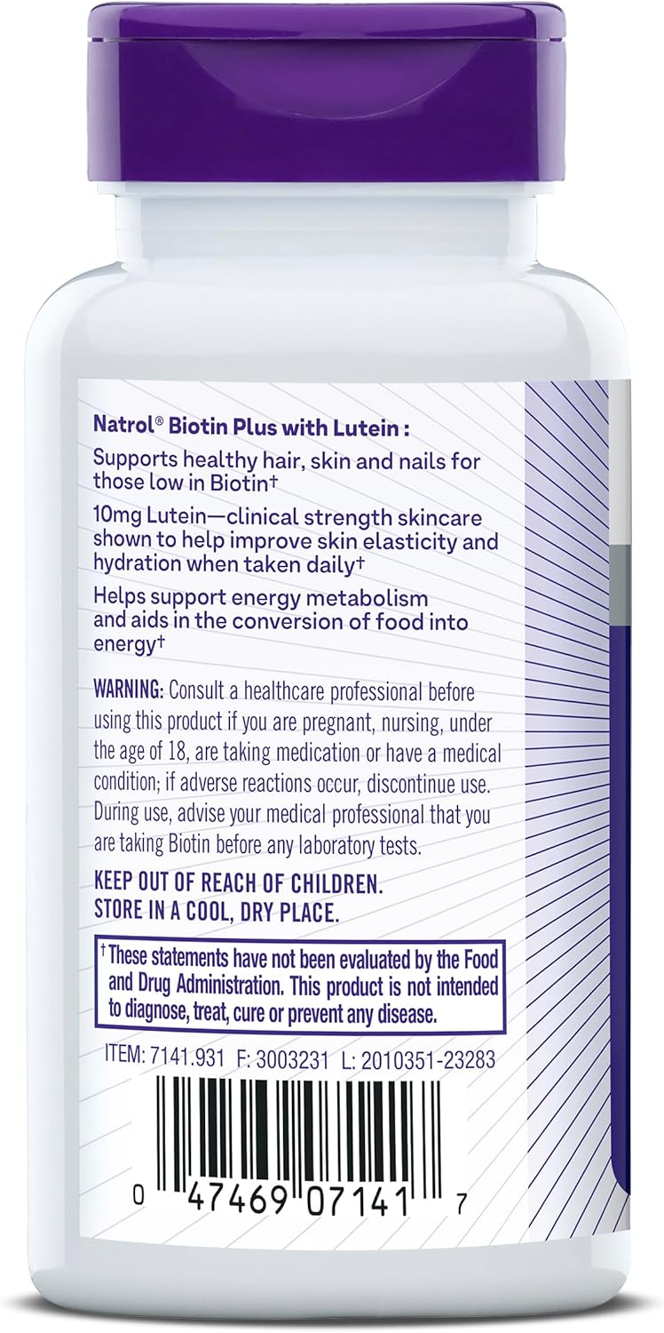 Natrol Beauty Biotin Plus Lutein 5,000 mcg Tablets - Support Healthy Hair, Skin, Nails - 60 Day Supply for Adults