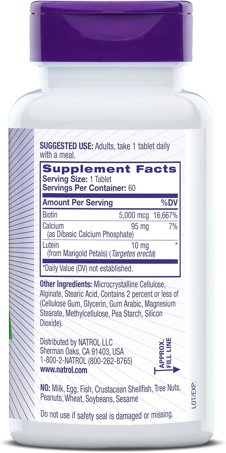 Natrol Beauty Biotin Plus Lutein 5,000 mcg Tablets - Support Healthy Hair, Skin, Nails - 60 Day Supply for Adults