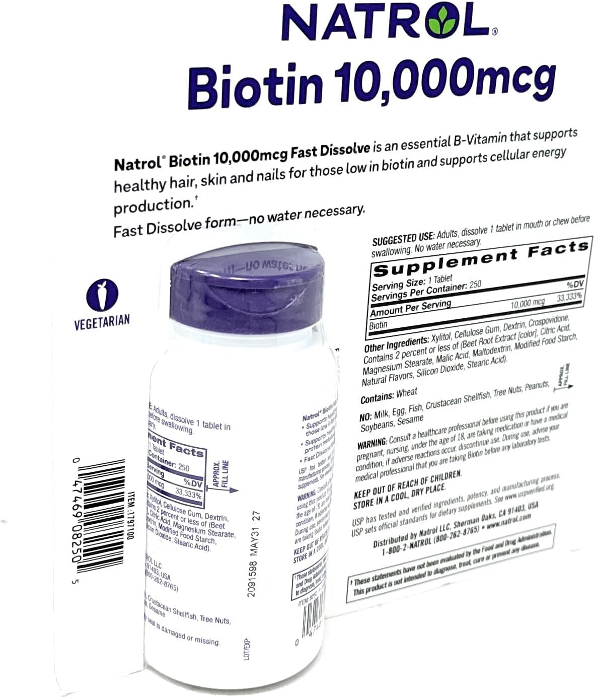 Natrol Biotin 10,000 mcg Fast Dissolve Tablets - 250 Count Bottle