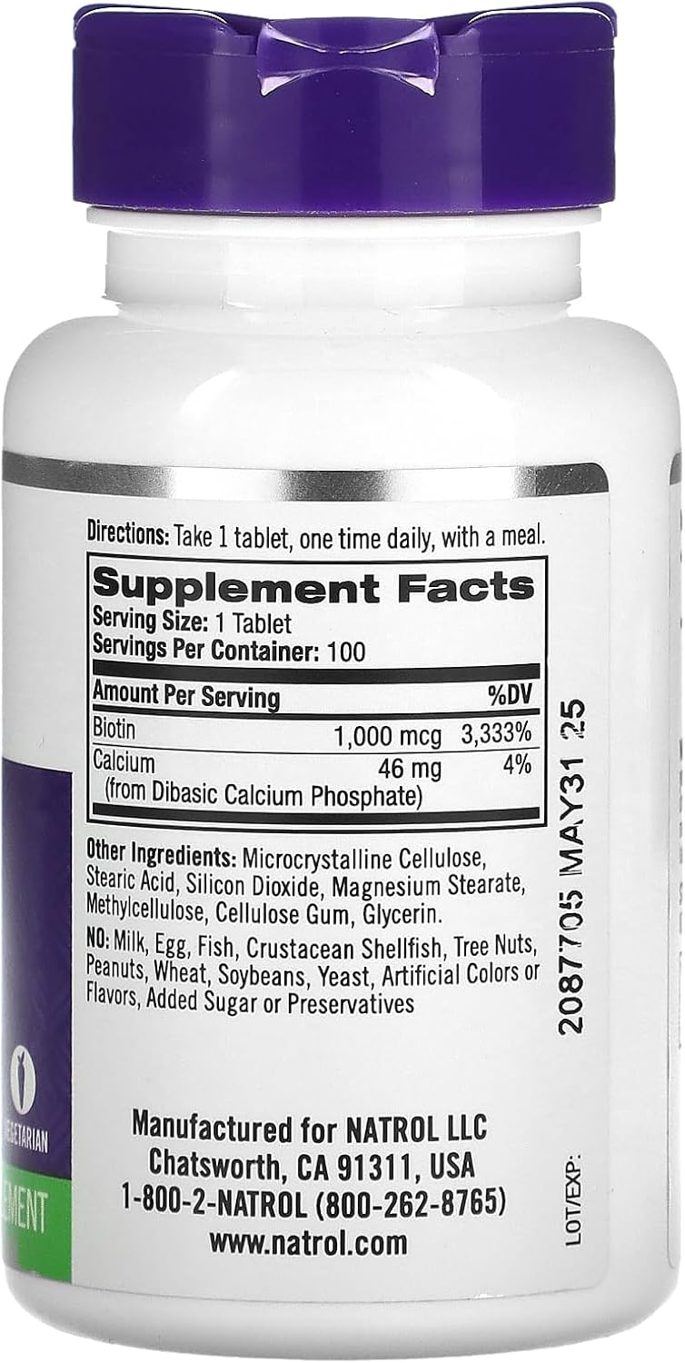 Natrol Biotin Supplement - 1,000 mcg, 100 Tablets for Hair, Skin, and Nails