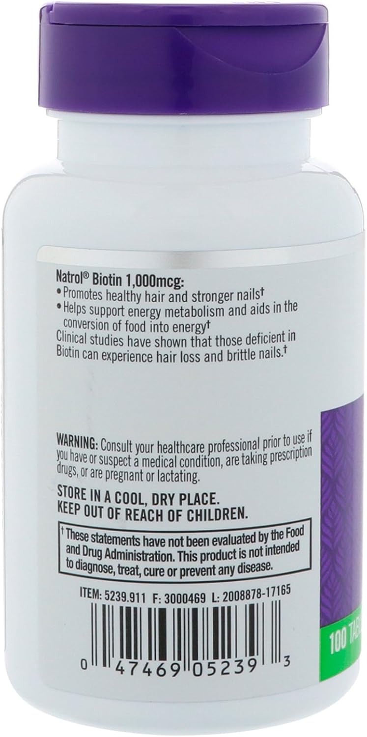 Natrol Biotin Supplement - 1,000 mcg, 100 Tablets for Hair, Skin, and Nails