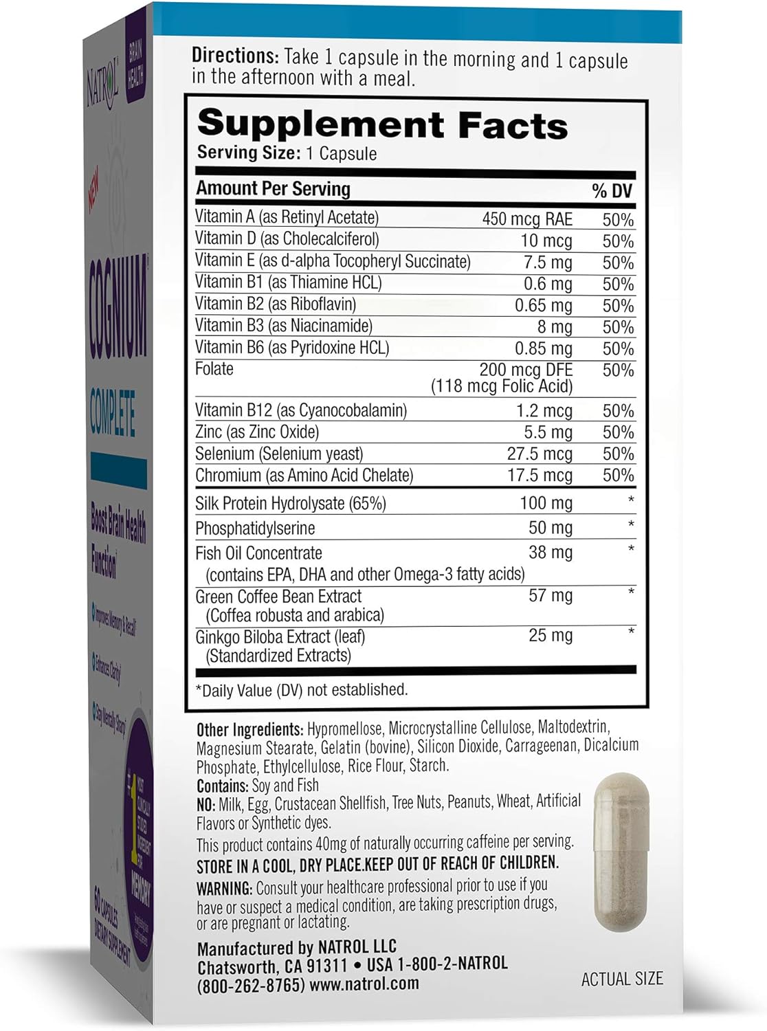 Natrol Cognium Complete Memory & Clarity Brain Health Supplement 100mg - 180 Capsules, Drug-Free Formula Pack