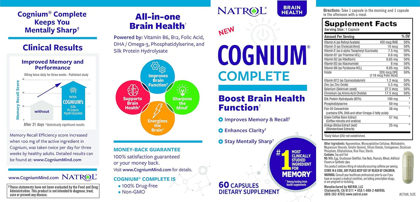 Natrol Cognium Complete Memory & Clarity Brain Health Supplement 100mg - 180 Capsules, Drug-Free Formula Pack