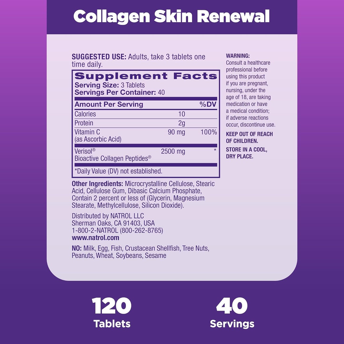Natrol Collagen Skin Renewal Dietary Supplement - 120 Tablets, 40 Day Supply for Advanced Beauty Support