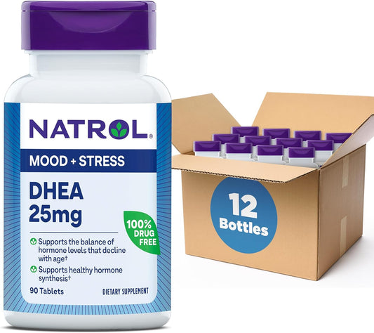 Natrol DHEA 25mg with Calcium Dietary Supplement for Hormone Balance and Mood Support, 90 Tablets
