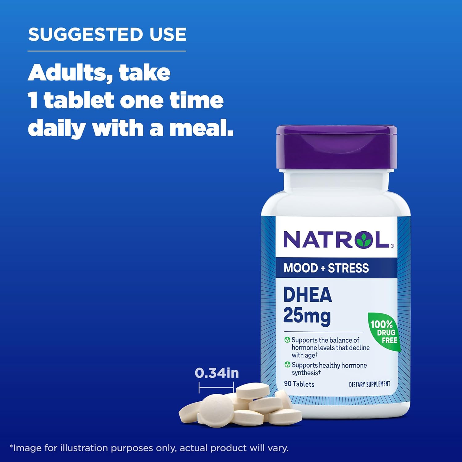Natrol DHEA 25mg with Calcium Dietary Supplement for Hormone Balance and Mood Support, 90 Tablets