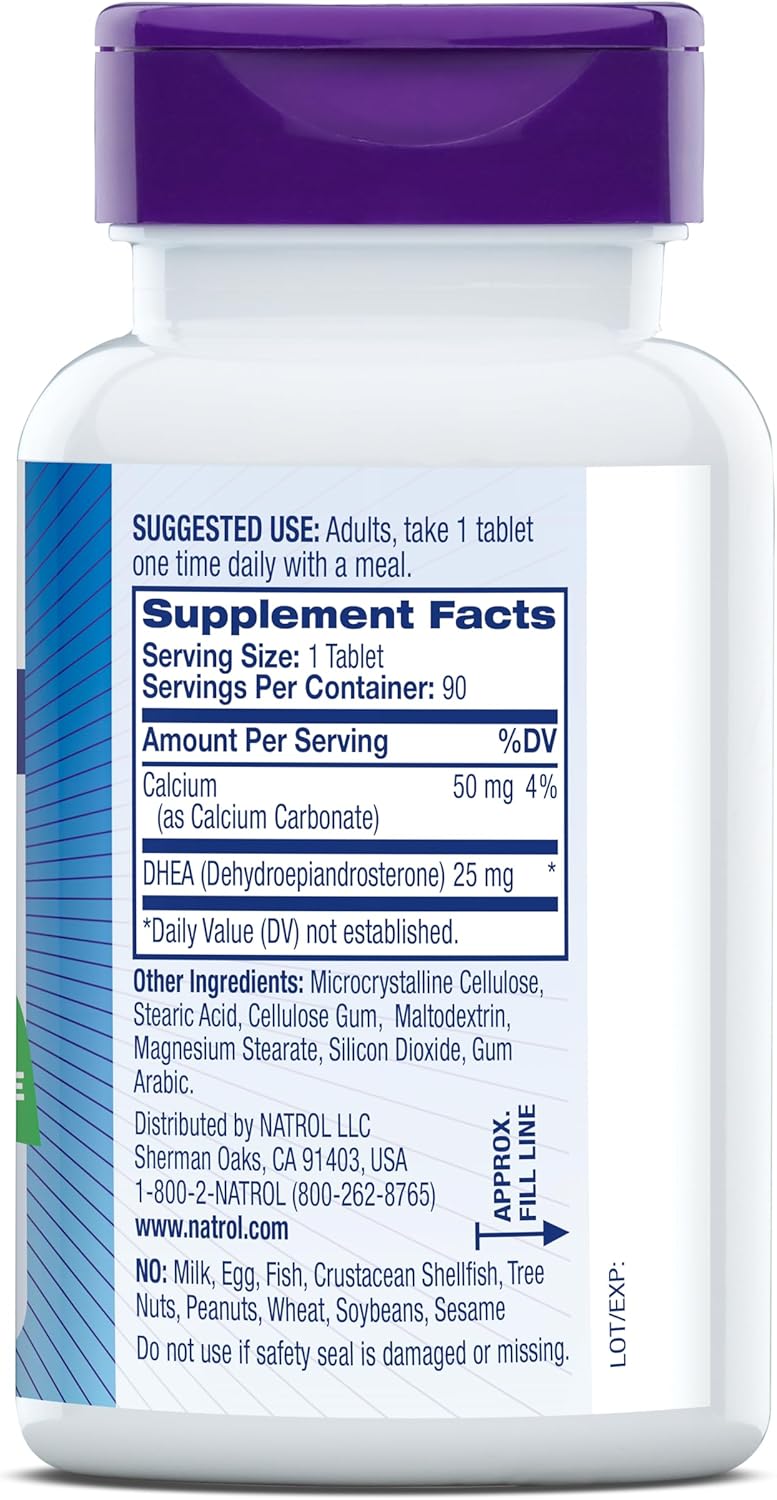 Natrol DHEA 25mg with Calcium Dietary Supplement for Hormone Balance and Mood Support, 90 Tablets