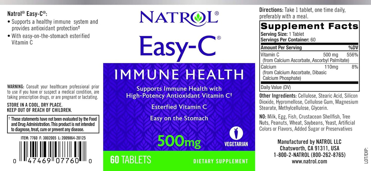 Natrol Easy-C Immune Health Dietary Supplement - High-Potency Vitamin C Tablets, 500mg, 60 Count