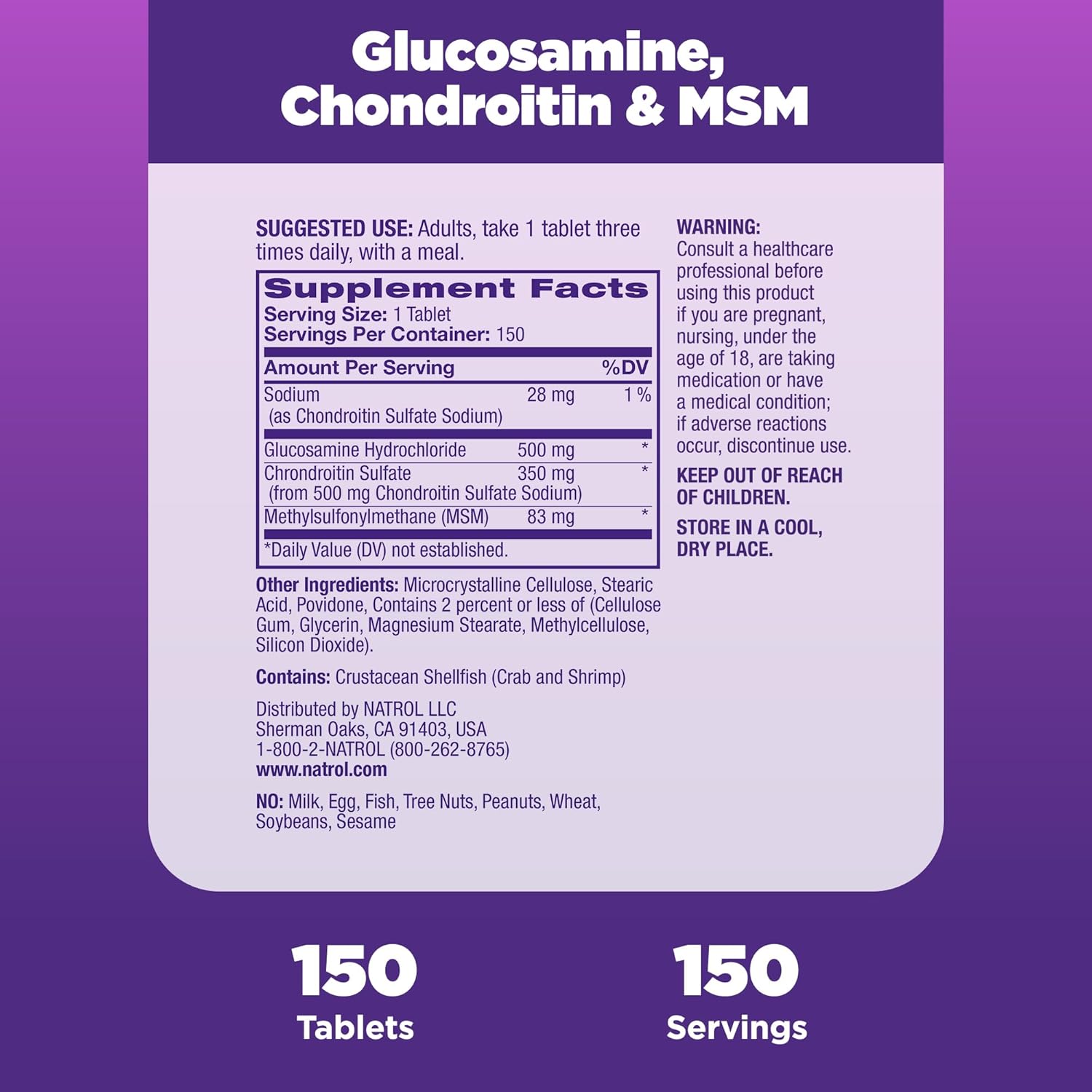 Natrol Glucosamine, Chondroitin and MSM Dietary Supplement for Joint Health - 150 Tablets, 50 Day Supply for Adults