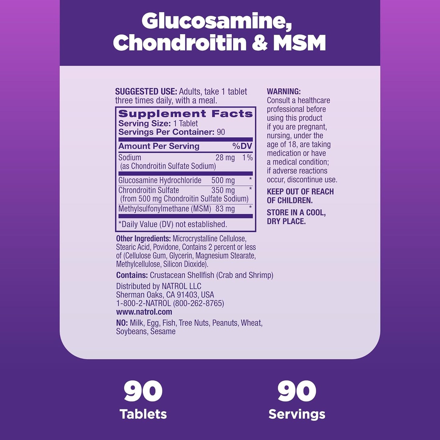Natrol Glucosamine, Chondroitin, MSM Dietary Supplement, 90 Tablets, Supports Joint Health in Adults