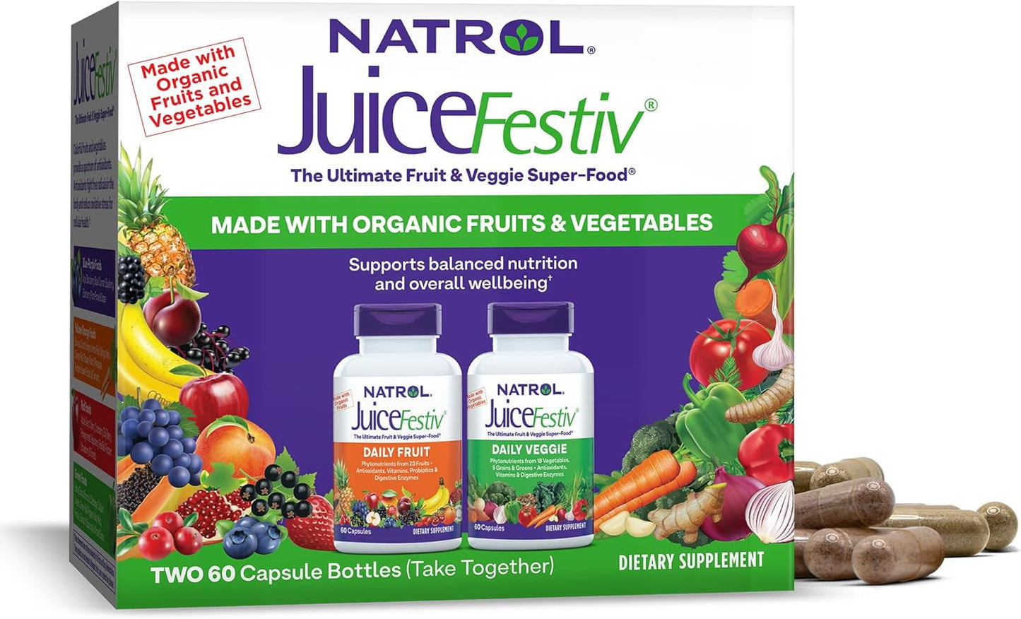 Natrol JuiceFestiv: Ultimate Fruit & Veggie Super-Food for Balanced Nutrition, Antioxidants, 60 Capsules (2-Count)