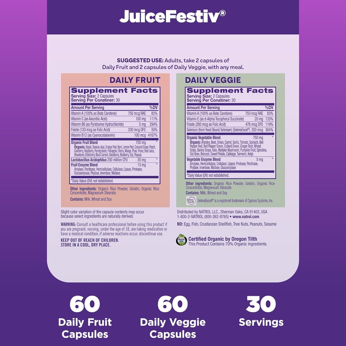Natrol JuiceFestiv: Ultimate Fruit & Veggie Super-Food for Balanced Nutrition, Antioxidants, 60 Capsules (2-Count)