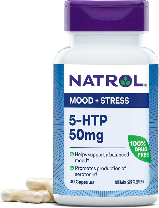 Natrol Mood & Stress 5-HTP 50mg Capsules for Balanced Mood - 30 Count Supply