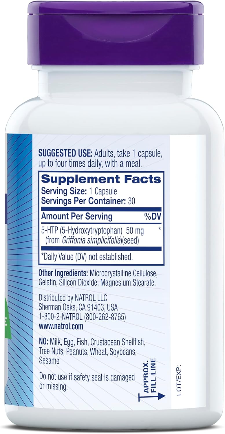 Natrol Mood & Stress 5-HTP 50mg Capsules for Balanced Mood - 30 Count Supply