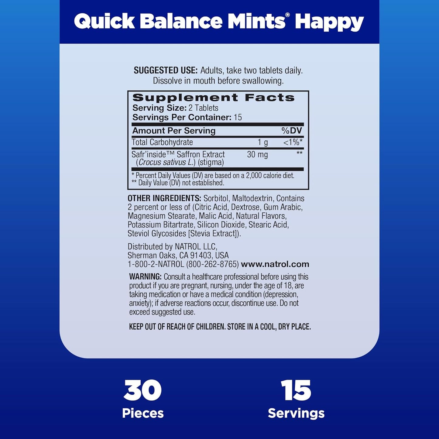 Natrol Quick Balance Happy Mints - 30 Mints, Stress Relief Supplement for Occasional Use, 15 Day Supply